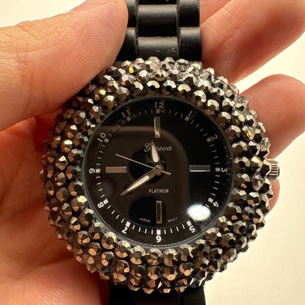 Geneva Platinum Black Silicone Watch Hematite Crystal Encrusted Bezel Needs Batt